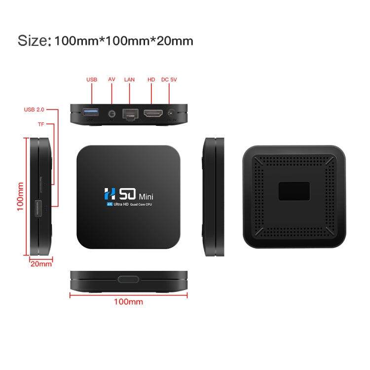 H50 Mini 4K Smart Network TV Box, Android 10.0, RK3318 Quad Core, 2GB+8GB, US Plug