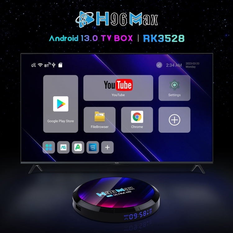 H96 Max 8K Ultra HD Smart TV Box Android 13.0 Media Player with Remote Control, RK3528 Quad-Core, 2GB+16GB(US Plug)