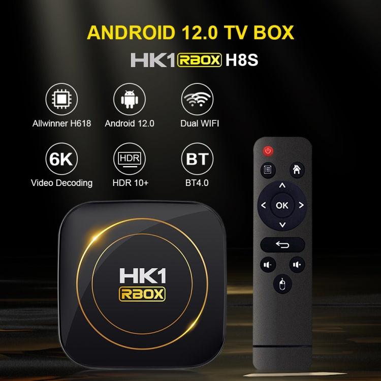 HK1 RBOX-H8S 4K Ultra HD Android 12.0 Smart TV Box with Remote Control, Allwinner H618 Quad-Core, 2GB+16GB(EU Plug)