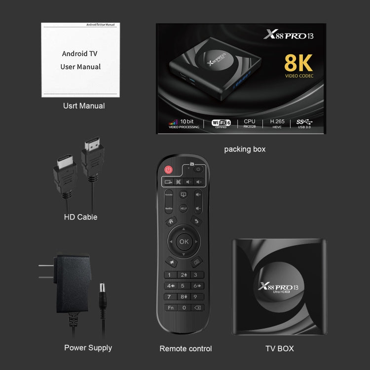 X88 Pro 13 Android 13.0 Smart TV Box with Remote Control, RK3528 Quad-Core, 2GB+16GB (EU Plug)