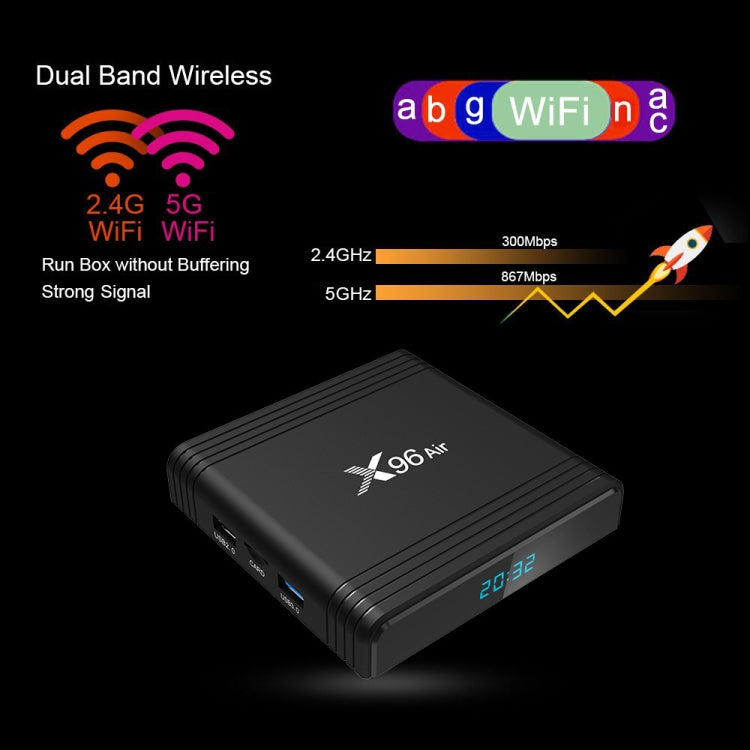 X96 Air 8K Smart TV BOX Android 9.0 Media Player with Remote Control, Quad-core Amlogic S905X3, RAM: 4GB, ROM: 32GB, Dual Band WiFi, Bluetooth, EU Plug