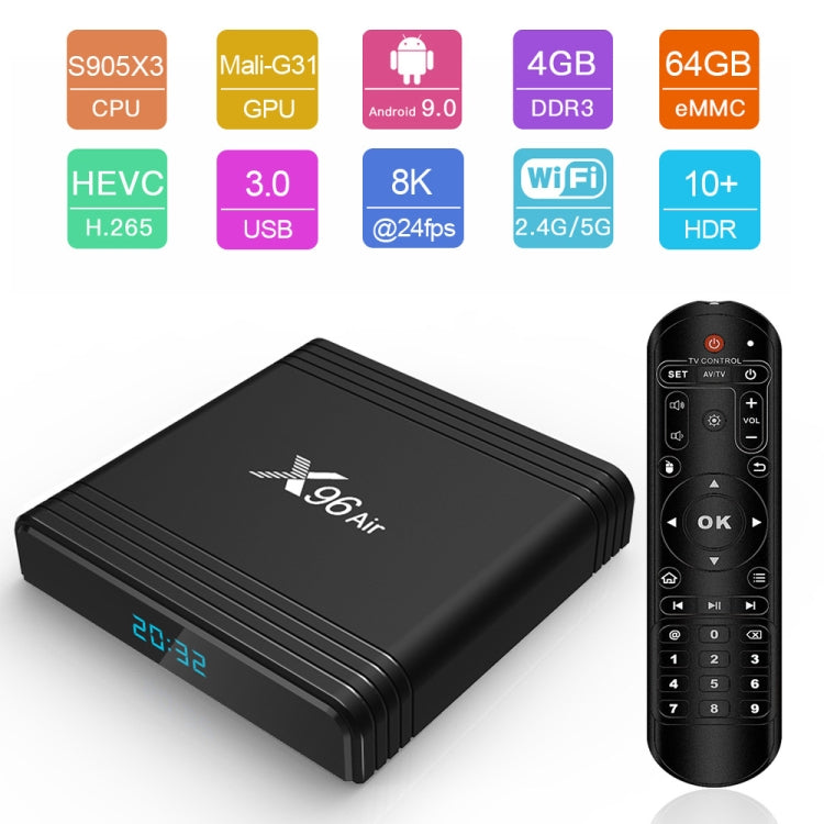 X96 Air 8K Smart TV BOX Android 9.0 Media Player with Remote Control, Quad-core Amlogic S905X3, RAM: 4GB, ROM: 64GB, Dual Band WiFi, Bluetooth, EU Plug