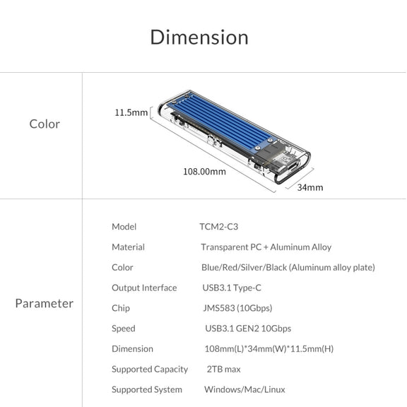 ORICO TCM2-C3 NVMe M.2 SSD Enclosure (10Gbps)