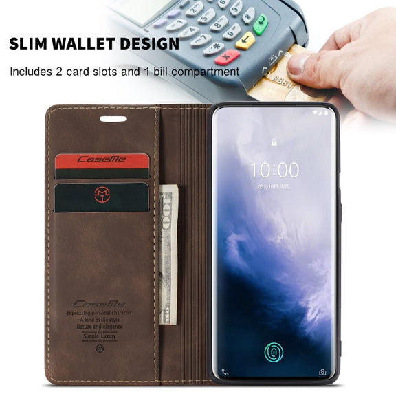 CaseMe-013 Multi-functional Retro Frosted Horizontal Flip Leather Case with Card Slot & Holder & Wallet For OnePlus 7 Pro(Coffee)