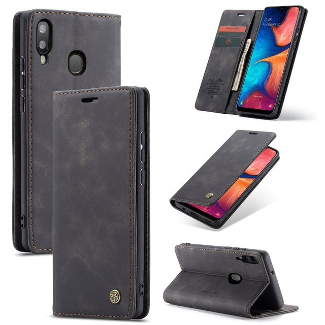CaseMe-013 Multi-functional Retro Frosted Horizontal Flip Leather Case with Card Slot & Holder & Wallet For Galaxy A20e(Black)