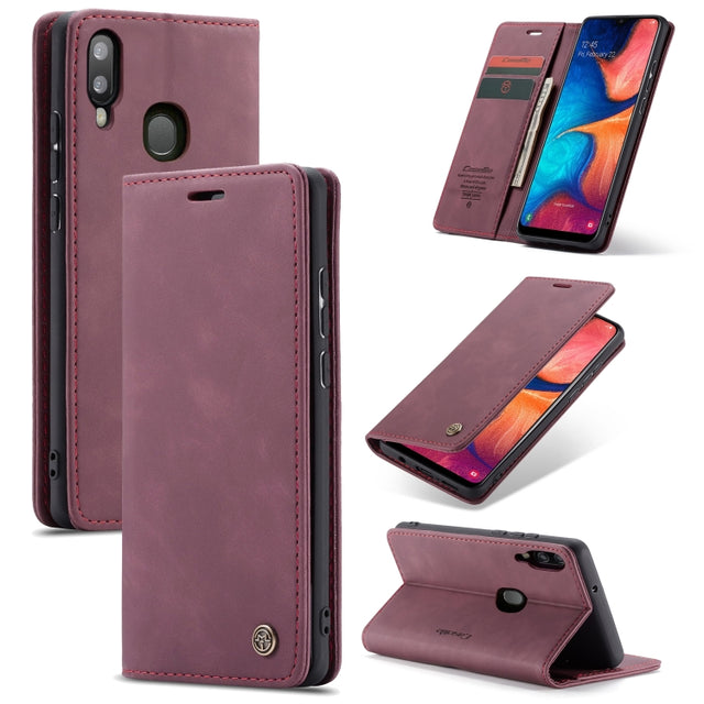 CaseMe-013 Multi-functional Retro Frosted Horizontal Flip Leather Case with Card Slot & Holder & Wallet For Galaxy A20e(Wine Red)