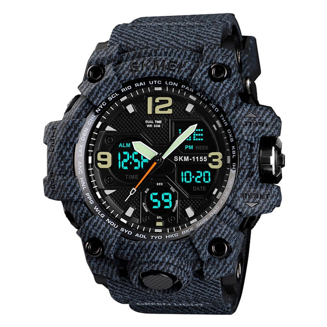 SKMEI 1155B Multifunctional Men Outdoor Sports Noctilucent Water-resistant Large Dial Wrist Watch(Denim Black)