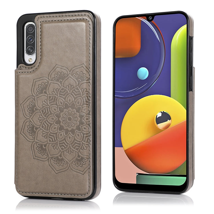 For Samsung Galaxy A50 / A50s Double Buckle Mandala Pattern PU+TPU Protective Case with Card Slots & Holder & Photo Frame(Grey)