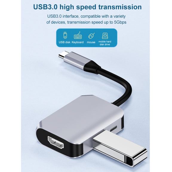 HW-6003 3 In 1 Type-C / USB-C to HDMI + PD + USB 3.0 Docking Station Adapter Converter(Grey)