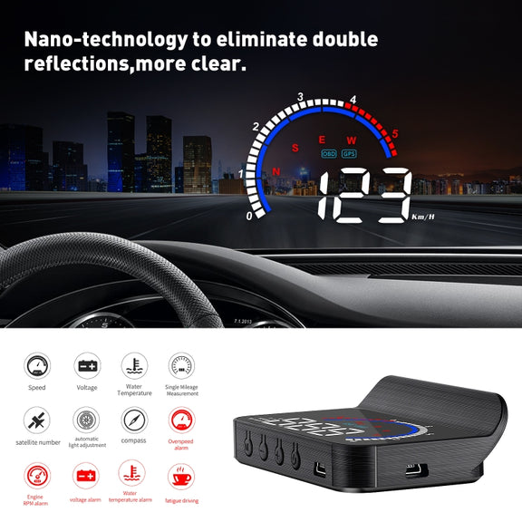 M13 Plus OBD2 + GPS Mode Car Head-up Display HUD Overspeed / Speed / Water Temperature Alarm / Eliminate Fault Codes