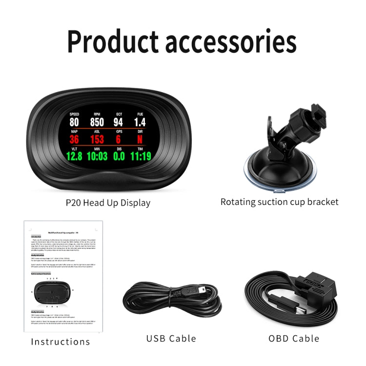 P20 OBD2 + GPS Mode Car Head-up Display HUD Overspeed / Speed / Water Temperature / Engine Failure Alarm