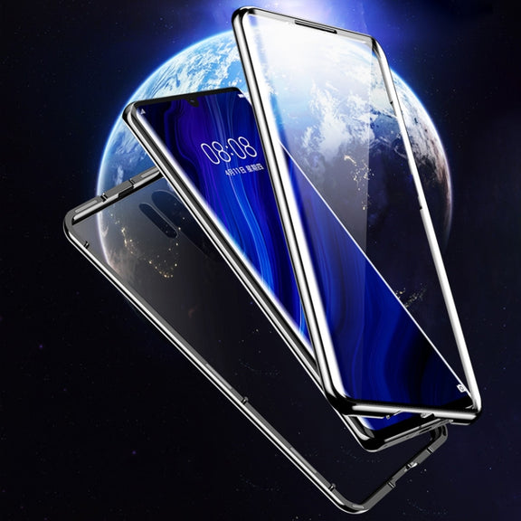 For Huawei P30 Magnetic Metal Frame Double-sided Tempered Glass Case(Black)