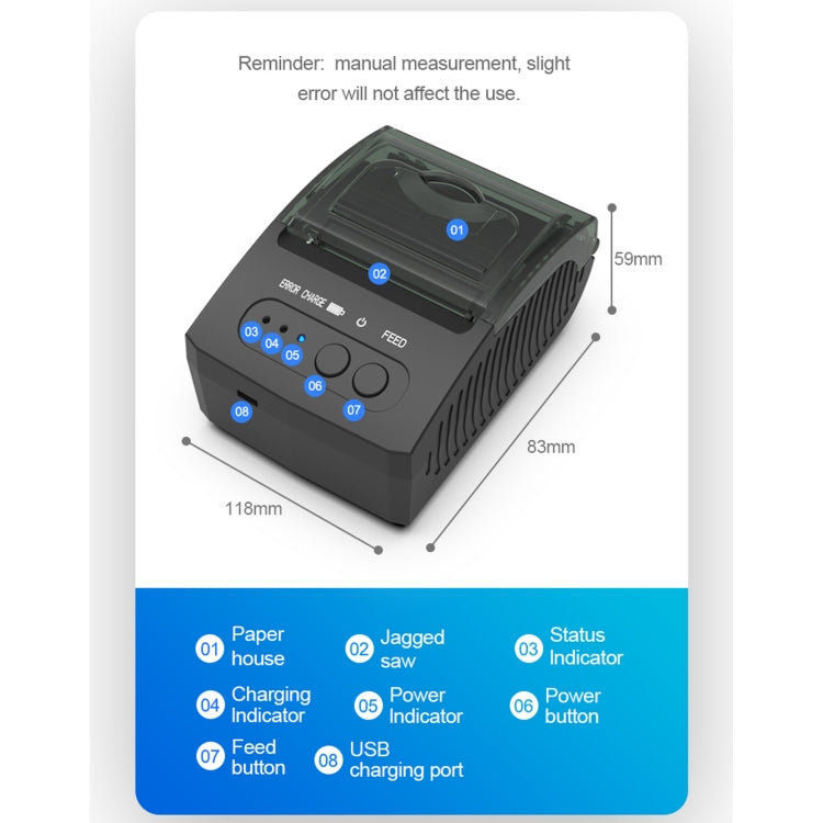 5811DD 58mm Bluetooth 4.0 Portable Thermal Bluetooth Receipt Printer, US Plug