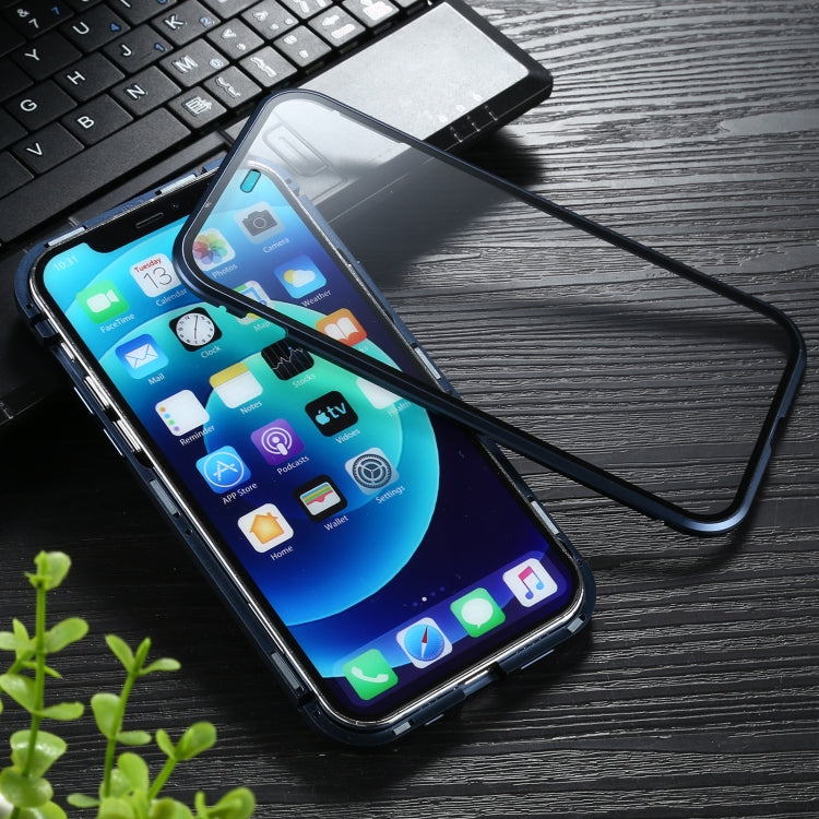 For iPhone 12 / 12 Pro Sliding Lens Cover Mirror Design Four-corner Shockproof Magnetic Metal Frame Double-sided Tempered Glass Case(Blue)