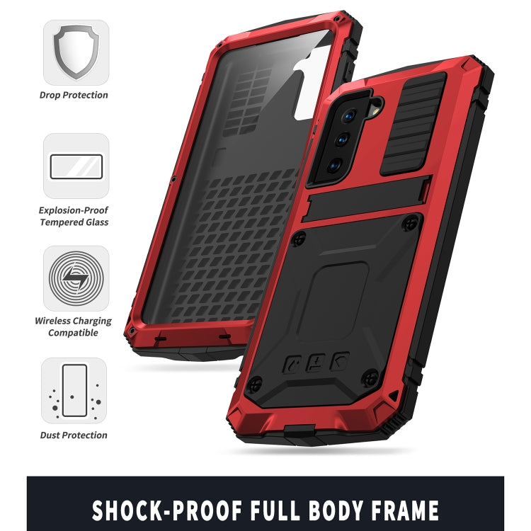 For Samsung Galaxy S21 5G R-JUST Shockproof Water-resistant Dust-proof Metal + Silicone Protective Case with Holder(Red)