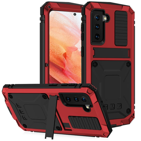 For Samsung Galaxy S21 5G R-JUST Shockproof Water-resistant Dust-proof Metal + Silicone Protective Case with Holder(Red)