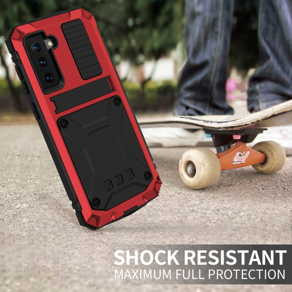 For Samsung Galaxy S21 5G R-JUST Shockproof Water-resistant Dust-proof Metal + Silicone Protective Case with Holder(Red)