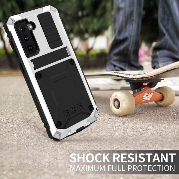 For Samsung Galaxy S21 5G R-JUST Shockproof Water-resistant Dust-proof Metal + Silicone Protective Case with Holder(Silver)