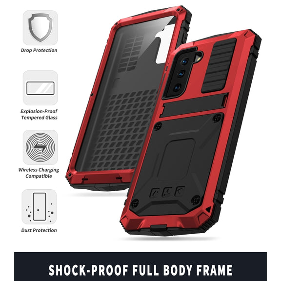 For Samsung Galaxy S21+ 5G R-JUST Shockproof Water-resistant Dust-proof Metal + Silicone Protective Case with Holder(Red)