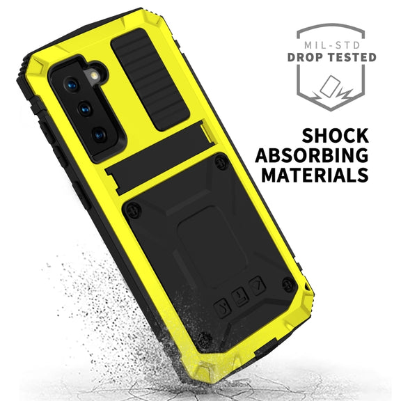 For Samsung Galaxy S21+ 5G R-JUST Shockproof Water-resistant Dust-proof Metal + Silicone Protective Case with Holder(Yellow)
