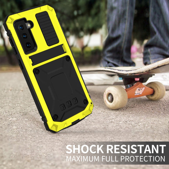 For Samsung Galaxy S21+ 5G R-JUST Shockproof Water-resistant Dust-proof Metal + Silicone Protective Case with Holder(Yellow)