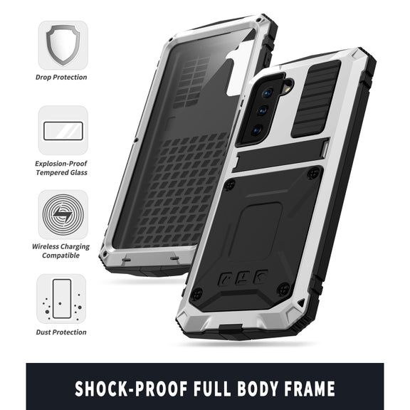 For Samsung Galaxy S21+ 5G R-JUST Shockproof Water-resistant Dust-proof Metal + Silicone Protective Case with Holder(Silver)
