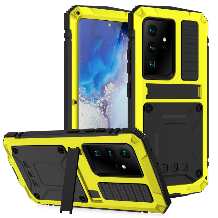 For Samsung Galaxy S21 Ultra 5G R-JUST Shockproof Water-resistant Dust-proof Metal + Silicone Protective Case with Holder(Yellow)