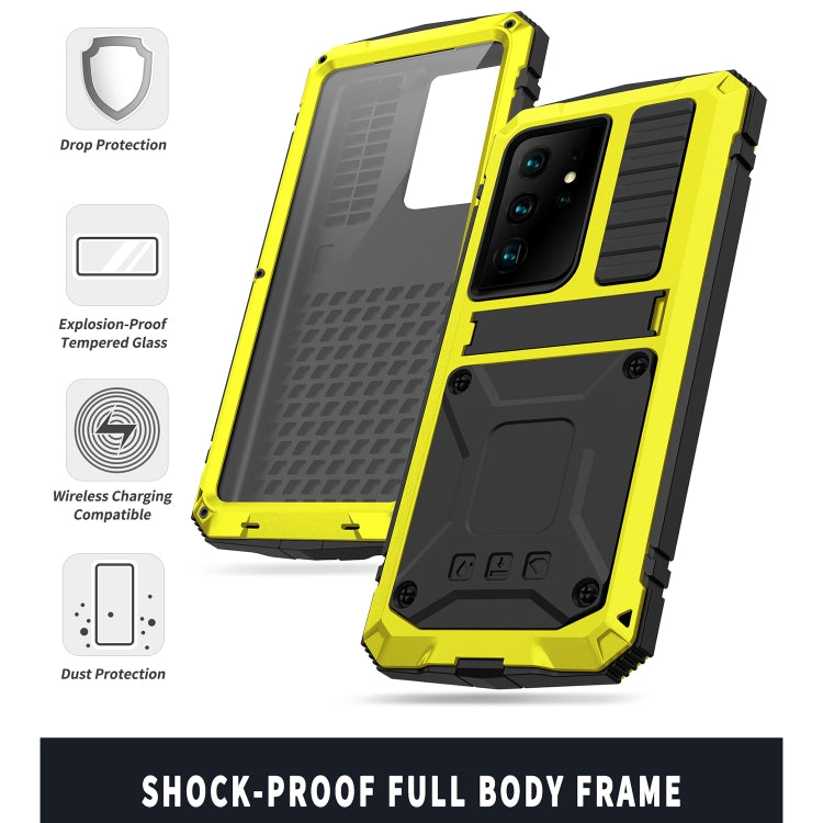 For Samsung Galaxy S21 Ultra 5G R-JUST Shockproof Water-resistant Dust-proof Metal + Silicone Protective Case with Holder(Yellow)