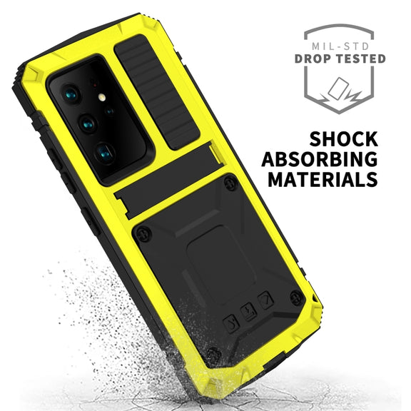 For Samsung Galaxy S21 Ultra 5G R-JUST Shockproof Water-resistant Dust-proof Metal + Silicone Protective Case with Holder(Yellow)