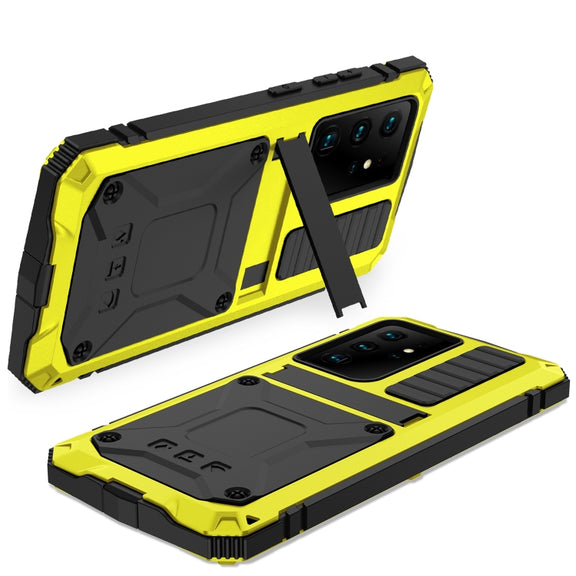 For Samsung Galaxy S21 Ultra 5G R-JUST Shockproof Water-resistant Dust-proof Metal + Silicone Protective Case with Holder(Yellow)