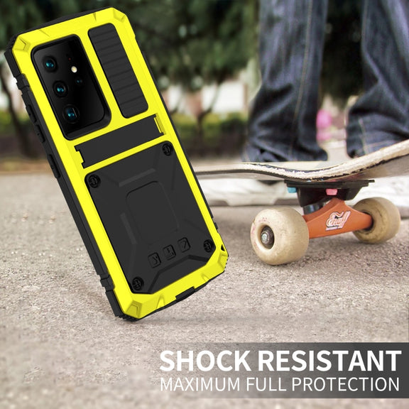 For Samsung Galaxy S21 Ultra 5G R-JUST Shockproof Water-resistant Dust-proof Metal + Silicone Protective Case with Holder(Yellow)