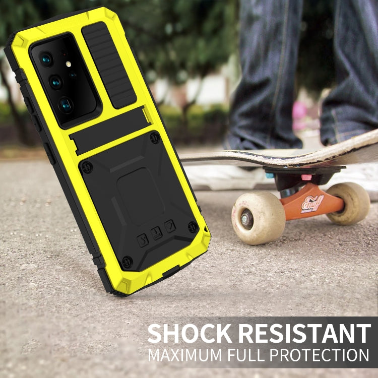 For Samsung Galaxy S21 Ultra 5G R-JUST Shockproof Water-resistant Dust-proof Metal + Silicone Protective Case with Holder(Yellow)
