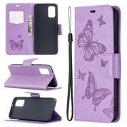 For Samsung Galaxy A02s (EU Version) Embossing Two Butterflies Pattern Horizontal Flip PU Leather Case with Holder & Card Slot & Wallet & Lanyard(Purple)