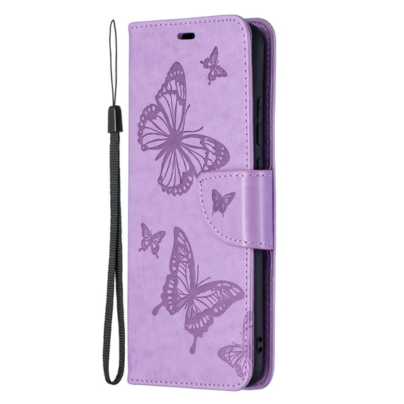 For Samsung Galaxy A02s (EU Version) Embossing Two Butterflies Pattern Horizontal Flip PU Leather Case with Holder & Card Slot & Wallet & Lanyard(Purple)