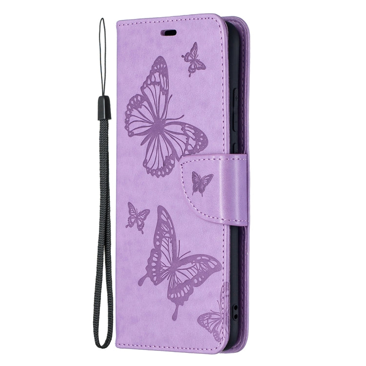 For Samsung Galaxy A02s (EU Version) Embossing Two Butterflies Pattern Horizontal Flip PU Leather Case with Holder & Card Slot & Wallet & Lanyard(Purple)