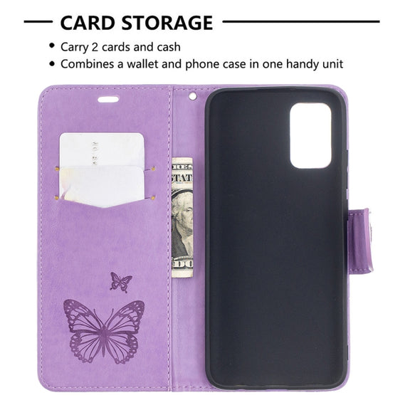 For Samsung Galaxy A02s (EU Version) Embossing Two Butterflies Pattern Horizontal Flip PU Leather Case with Holder & Card Slot & Wallet & Lanyard(Purple)