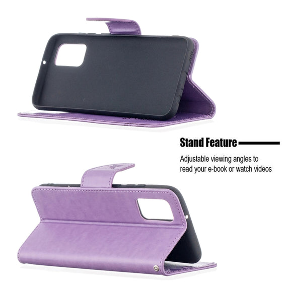 For Samsung Galaxy A02s (EU Version) Embossing Two Butterflies Pattern Horizontal Flip PU Leather Case with Holder & Card Slot & Wallet & Lanyard(Purple)