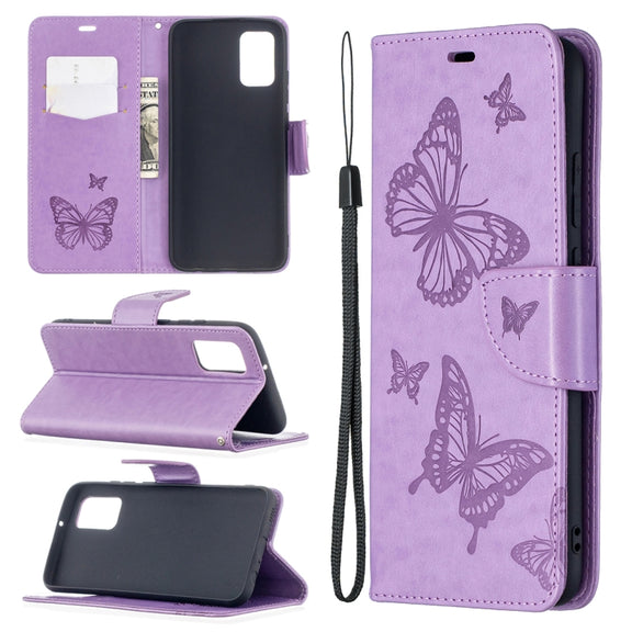 For Samsung Galaxy A02s (EU Version) Embossing Two Butterflies Pattern Horizontal Flip PU Leather Case with Holder & Card Slot & Wallet & Lanyard(Purple)