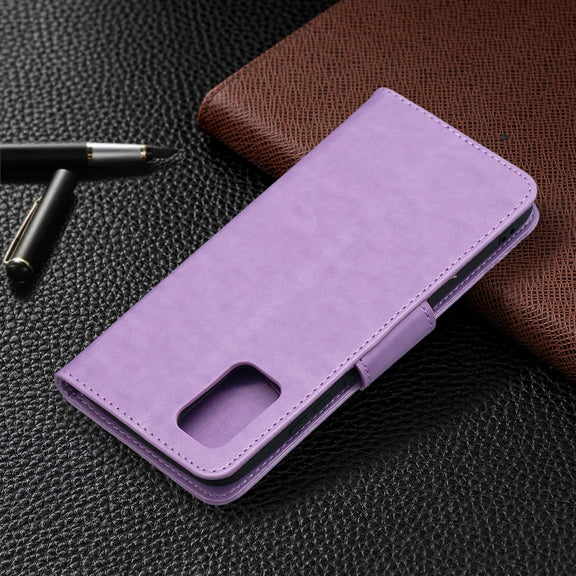 For Samsung Galaxy A02s (EU Version) Embossing Two Butterflies Pattern Horizontal Flip PU Leather Case with Holder & Card Slot & Wallet & Lanyard(Purple)