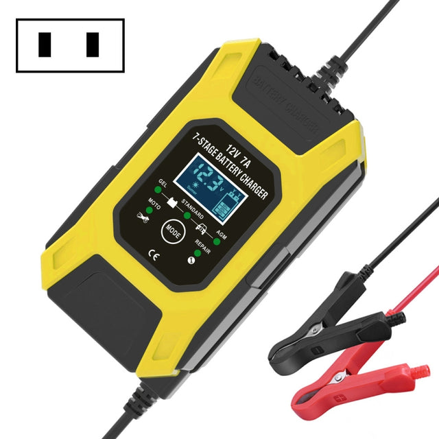 FOXSUR Car / Motorcycle Repair Charger 12V 7A 7-stage + Multi-battery Mode Lead-acid Battery Charger, Plug Type:US Plug(Yellow)