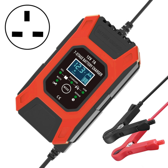 FOXSUR Car / Motorcycle Repair Charger 12V 7A 7-stage + Multi-battery Mode Lead-acid Battery Charger, Plug Type:UK Plug(Red)