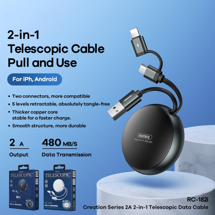 Remax RC-182i 2A 2 In 1 8 Pin + Micro USB Creation Series Telescopic Charging Data Cable, Length: 90cm(White)