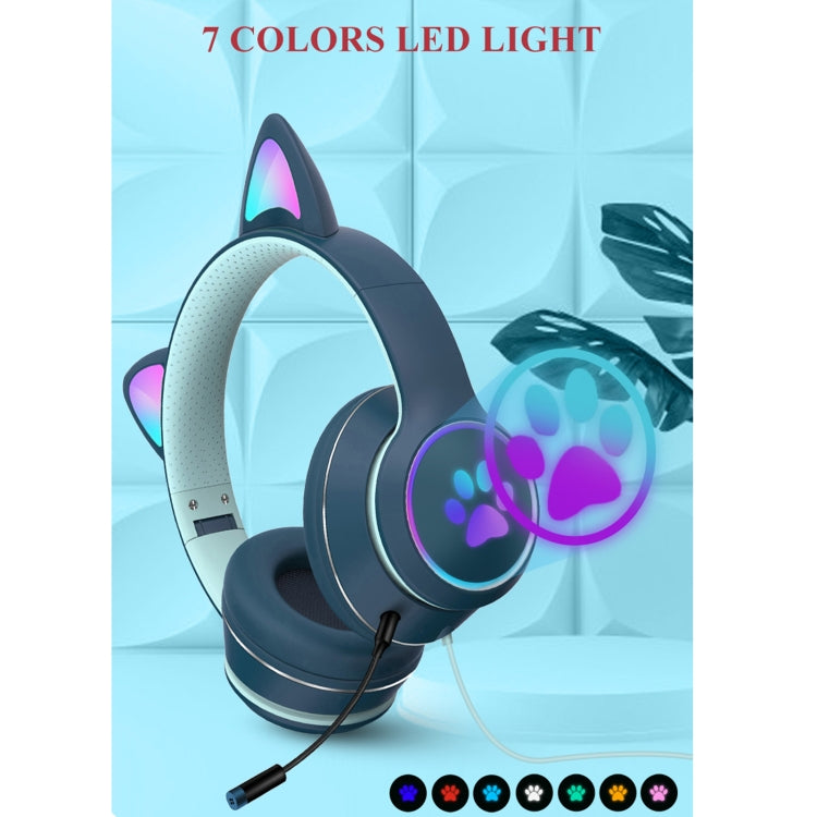 AKZ-022 USB + 3.5mm Port Cat Ear Design Foldable LED Headset with Mic(Pink)