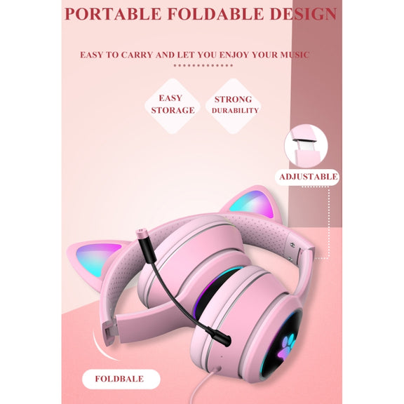 AKZ-022 USB + 3.5mm Port Cat Ear Design Foldable LED Headset with Mic(Grey)