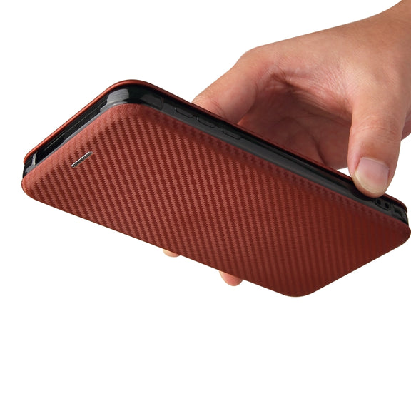 For Blackview BV6300 Pro Carbon Fiber Texture Horizontal Flip TPU + PC + PU Leather Case with Card Slot(Brown)