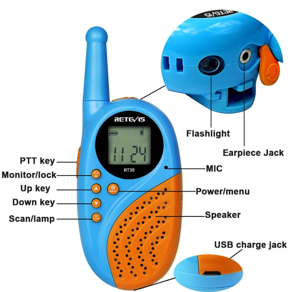 1 Pair RETEVIS RT35 0.5W EU Frequency 446MHz 8CH Handheld Children Walkie Talkie(Blue)