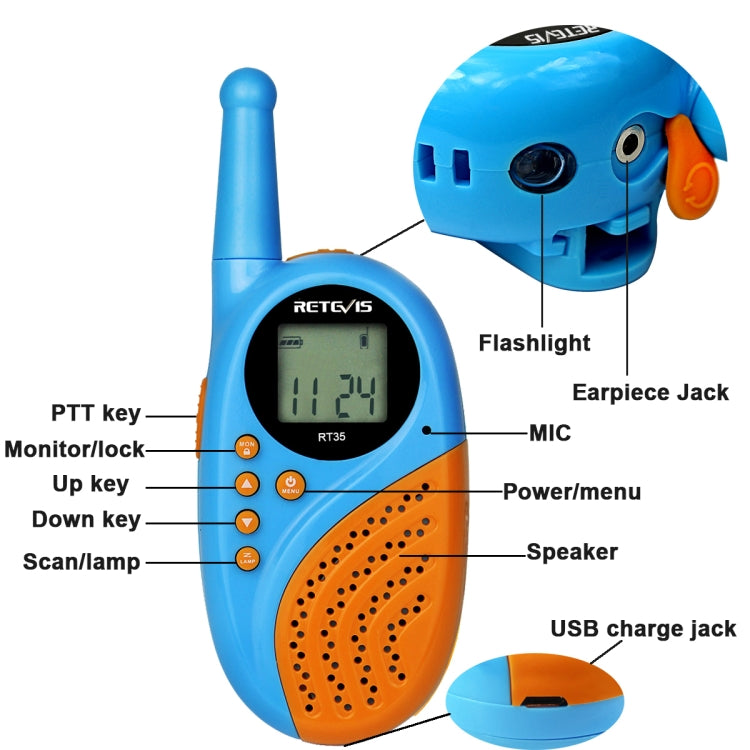 1 Pair RETEVIS RT35 0.5W EU Frequency 446MHz 8CH Handheld Children Walkie Talkie(Blue)