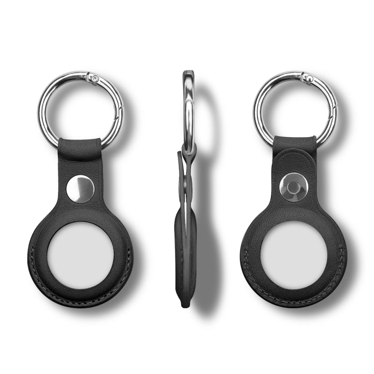 Anti-scratch Top-layer Cowhide Leather Case Cover with Switchable Keychain Ring for AirTag(Black)