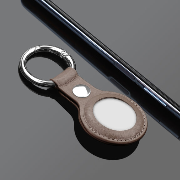 Anti-scratch Top-layer Cowhide Leather Case Cover with Switchable Keychain Ring for AirTag(Grey)