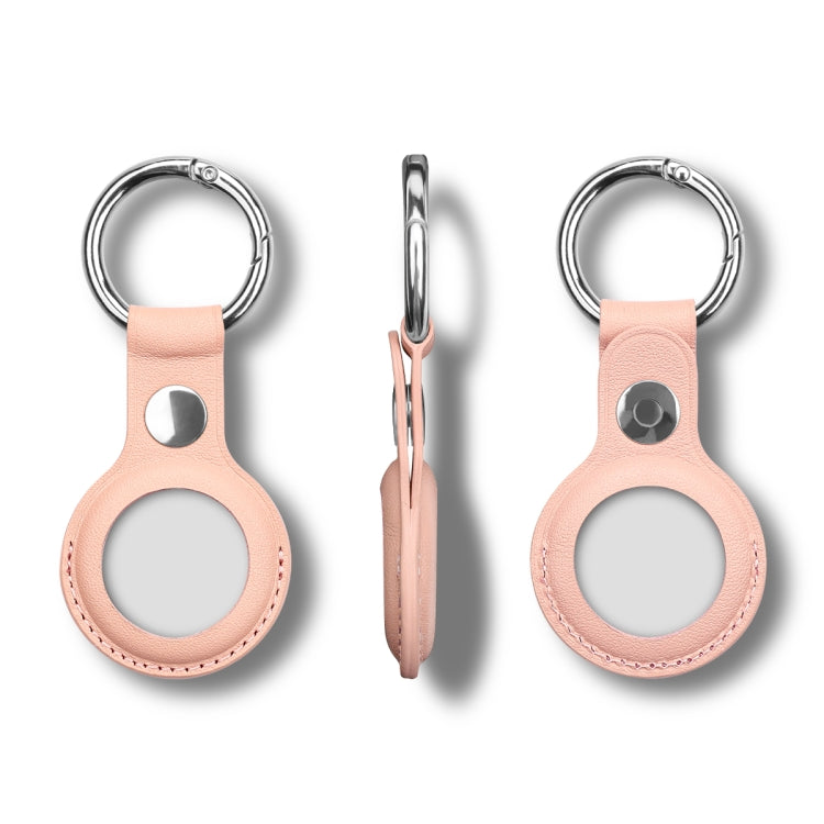 Anti-scratch Top-layer Cowhide Leather Case Cover with Switchable Keychain Ring for AirTag(Rose Pink)